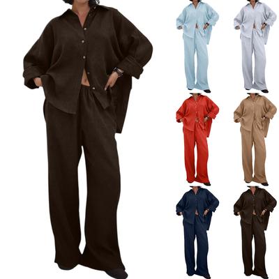 Женский Свободный И Удобный Повседневный Модный Комплект с Длинным Рукавом Хлопковая и Льняная Рубашка Длинные Брюки Комплект из Двух Предметов