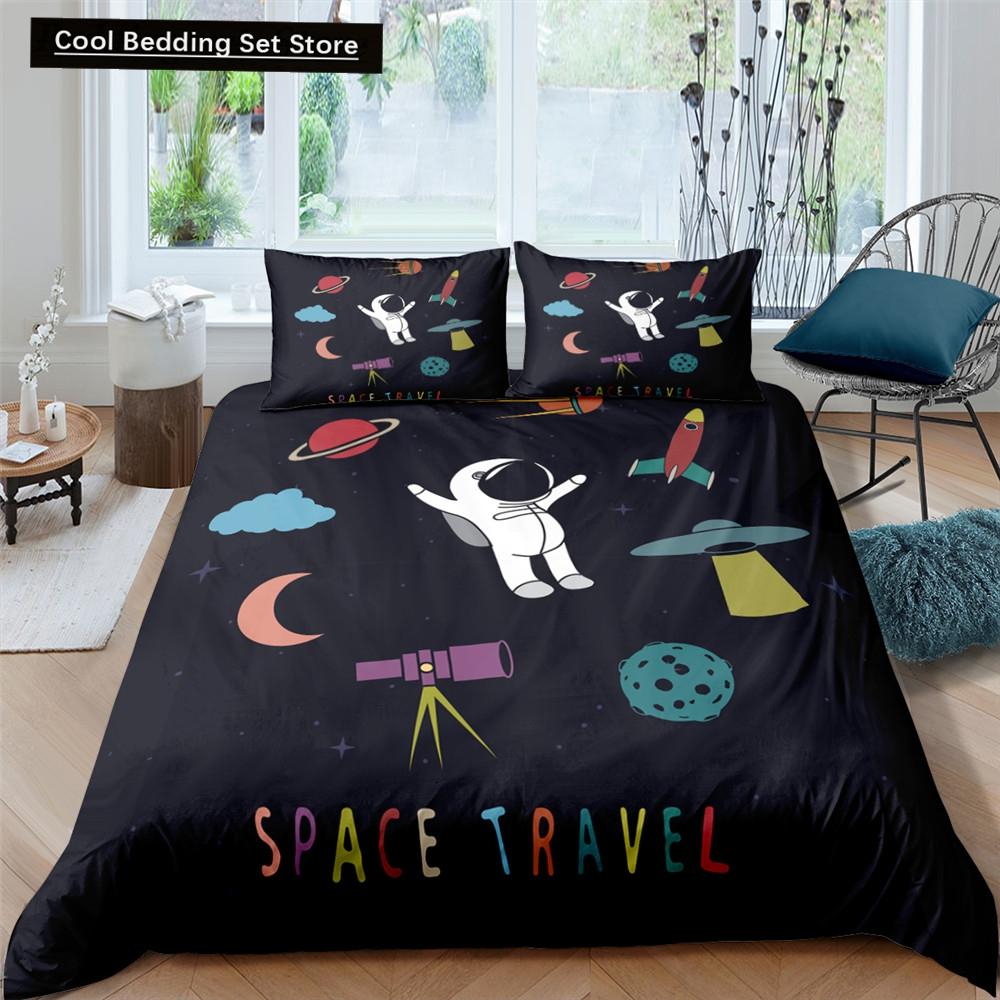 Cartoon Astronaut King Queen Duvet Cover Kawaii Spacecraft Bedding Set for Kids Outer Space Blue 2/3 Pcs Polyester Quilt Cover