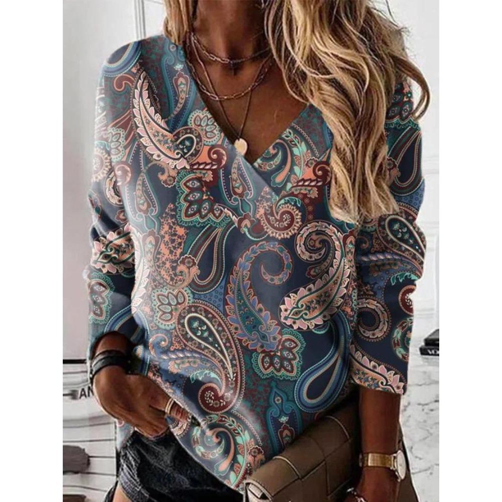 Новая осень-зима женская блузка винтажная этническая рубашка с цветочным принтом с длинным рукавом и V-образным вырезом на пуговицах свободные повседневные топы в стиле бохо