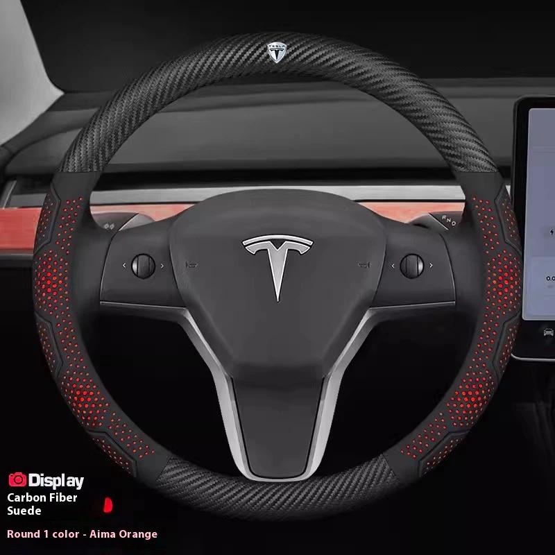 ALM1 Tesla Model 3 Y S Model X Roadster Car Carbon Fiber Suede Leather Anti-slip Breathable Car Steering Wheel Cover Auto Accessories