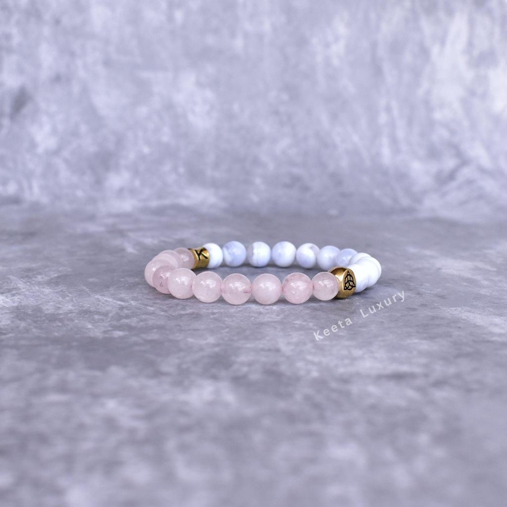 Natural Rose quartz & Blue lace agate beaded bracelets, Trinity Knot protection charm Bracelet, Handmade Stretchable Bracelet, Unique gifts