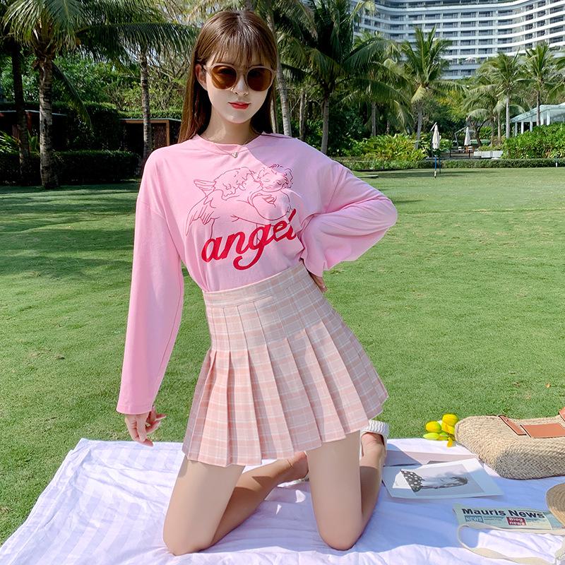 2025 Женская юбка-трапеция в клетку с высокой талией в корейском стиле в складку - летняя короткая юбка-солнцезащита