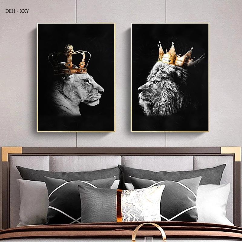 Lion Canvas Painting Wall Art Animals King and Queen with Golden Crown Posters and Prints Wall Art Pictures for Home Decoration