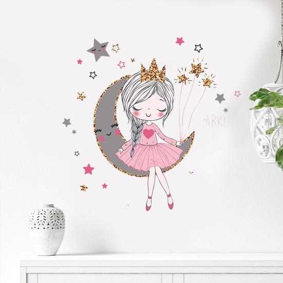 Наклейка на стену со звездой и луной для девочек, водостойкая самоклеящаяся ПВХ-наклейка, современная гостиная, детская спальня, настенное художественное украшение, наклейка