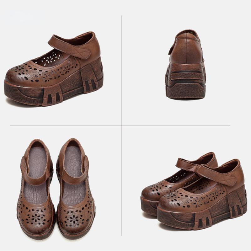 Johnature Туфли на платформе с толстой подошвой и круглым носком, женские винтажные удобные сандалии на танкетке из натуральной кожи