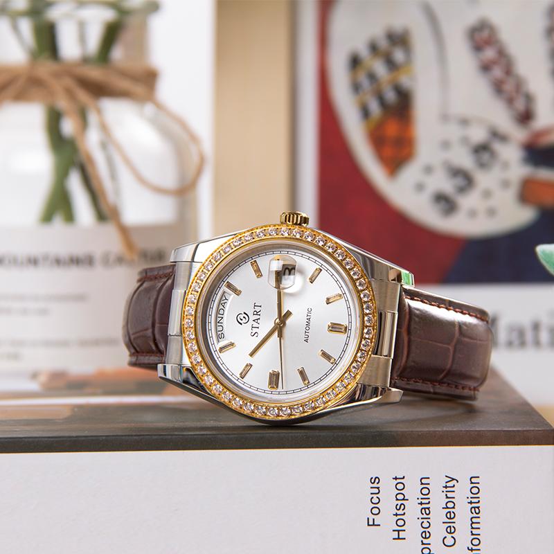 Start Men's Diamond Watch Automatic Mechanical Watch Waterproof Date Week Function Fashion Leather Watch