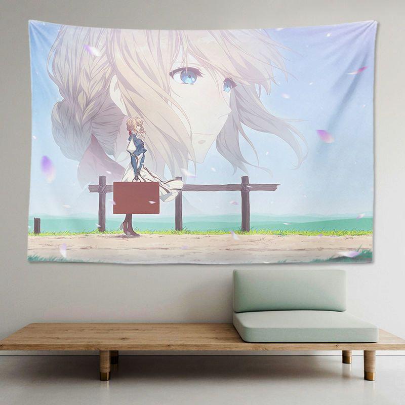 Blonde Anime Girl Typewriter Tapestry Wall Hanging Purple Flower Teddy Bear Vintage Aesthetic Wall Art Dorm Bedroom Decor