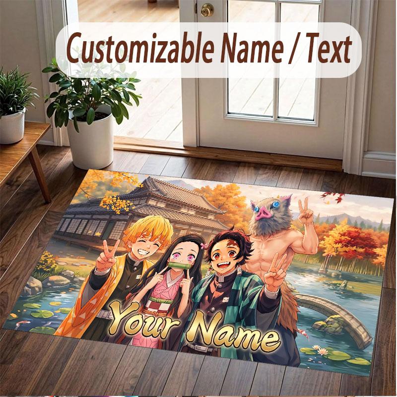 Custom Name Crystal Velvet Rug,Demon Slayer Comfortable Anti Slip Floor Mat For Room Decoration