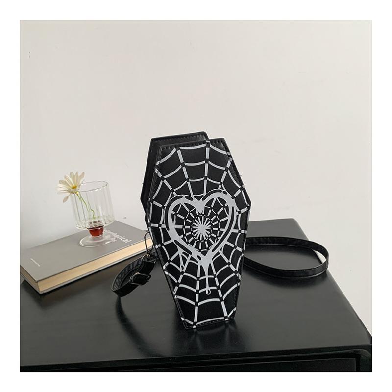 Women Fashion Shoulder Bag Large Capacity Coffin Shaped Casual Satchel Bag Adjustable Strap Spider Web PU Leather Chic Hobo Bag