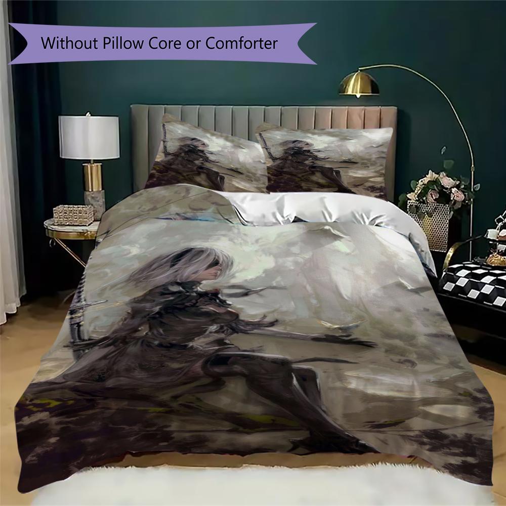 NieR Automata Pattern Bedding uilt Set uilt Cover Pillowcase Home Decoration Birthday Gift (1 * duvet cover + 2 * pillowcase without core)