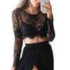 O-Neck Long Sleeve Embroidery Pattern Crop Top Women See-Through Floral Lace Blouse