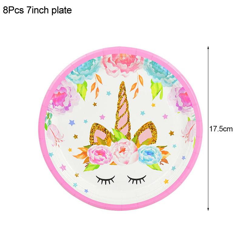 Набор одноразовой посуды для вечеринки в стиле единорога, бумажная тарелка, стакан, салфетка, единорог, воздушные шары, товары для украшения дня рождения для детей и девочек