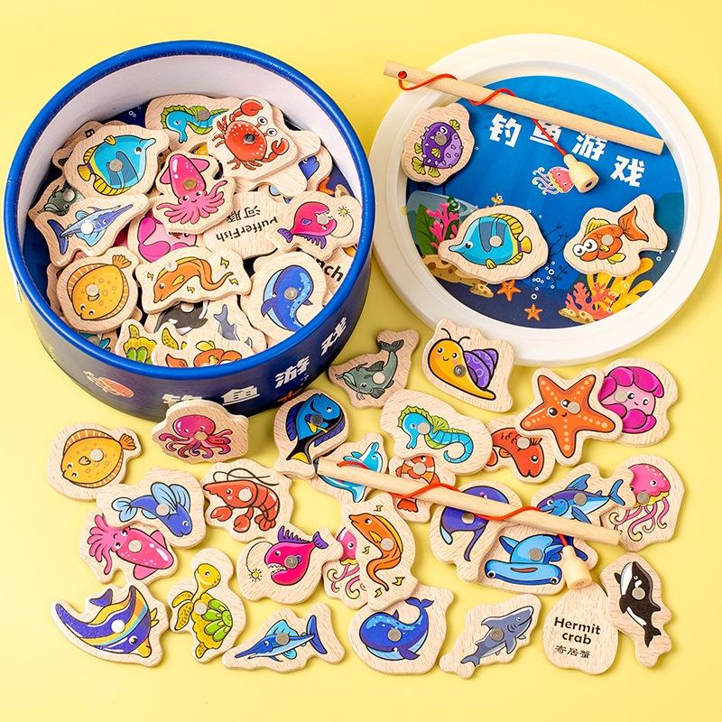 Educational Wooden Magnetic Fishing Game For Children Ocean Animal Cognition And Parent-child Interactive Toy