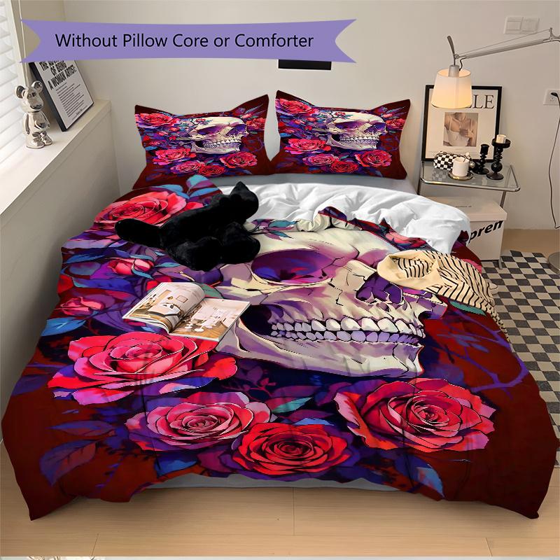 3pcs Skull and Roses Quilt Cover Set - Soft & Comfortable Polyester Fabric, All-Season Breathable Comforter Set For 1 Quilt Cover & 2 Pillowcases
