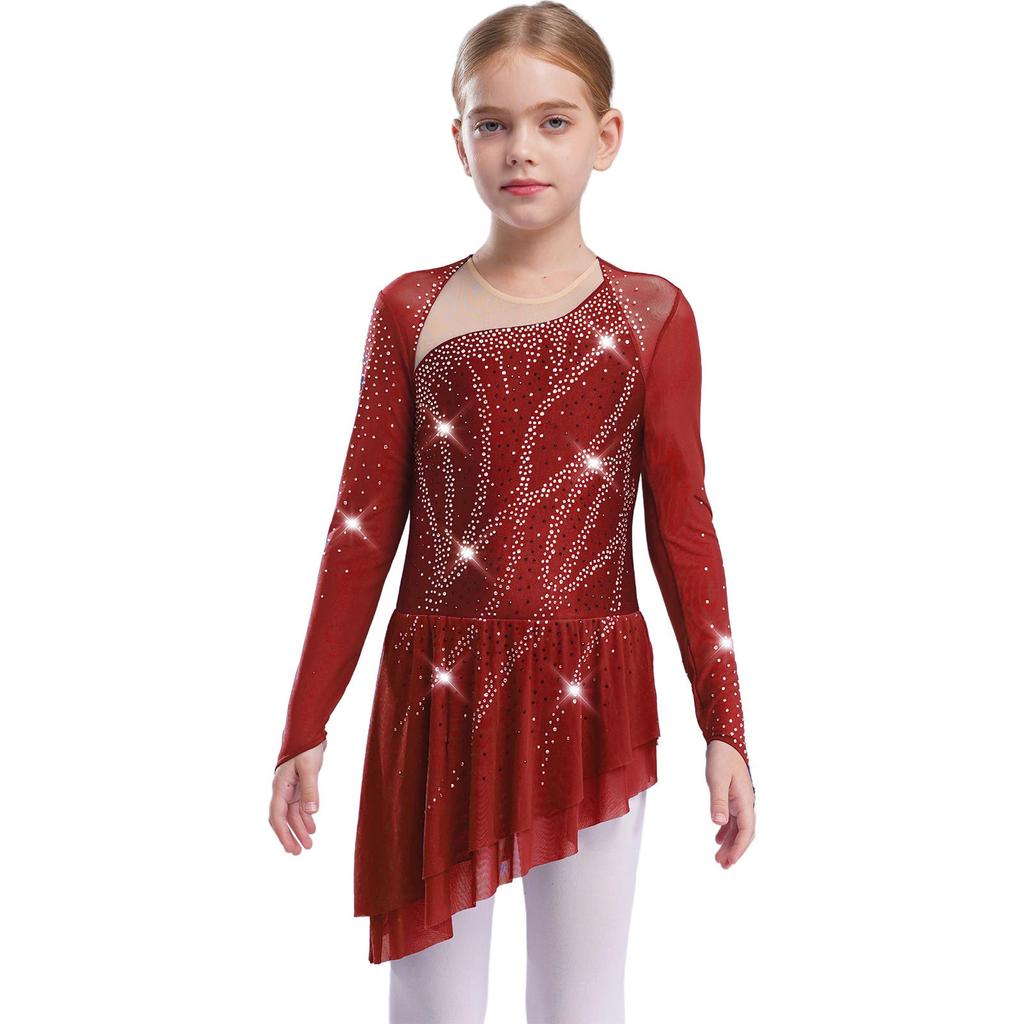 Girls Lyrical Dance Dress Sheer Mesh Long Sleeves Cutout Back Design with Sparkly Rhinestones Asymmetric Hem Skirt