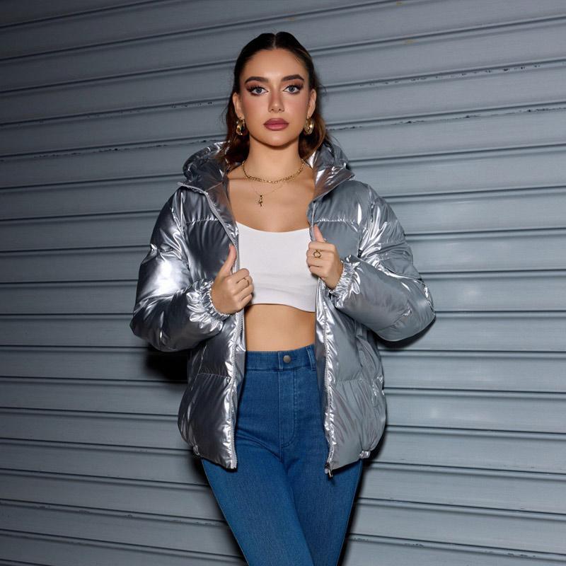 Зимняя модная блестящая куртка-пуховик с капюшоном для женщин с длинным рукавом, однотонная, облегающая, теплая, хлопковая куртка-парка