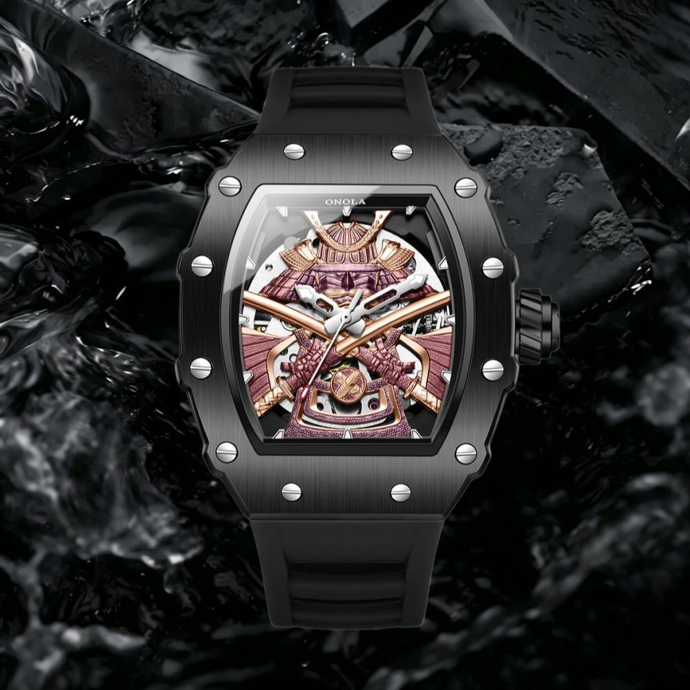 ONOLA Роскошные Мужские Часы с Автоматическим Механизмом Rose Gold, Модные с Циферблатом «Черный Воин», Водонепроницаемые Механические Часы для Мужчины, Лучший Подарок