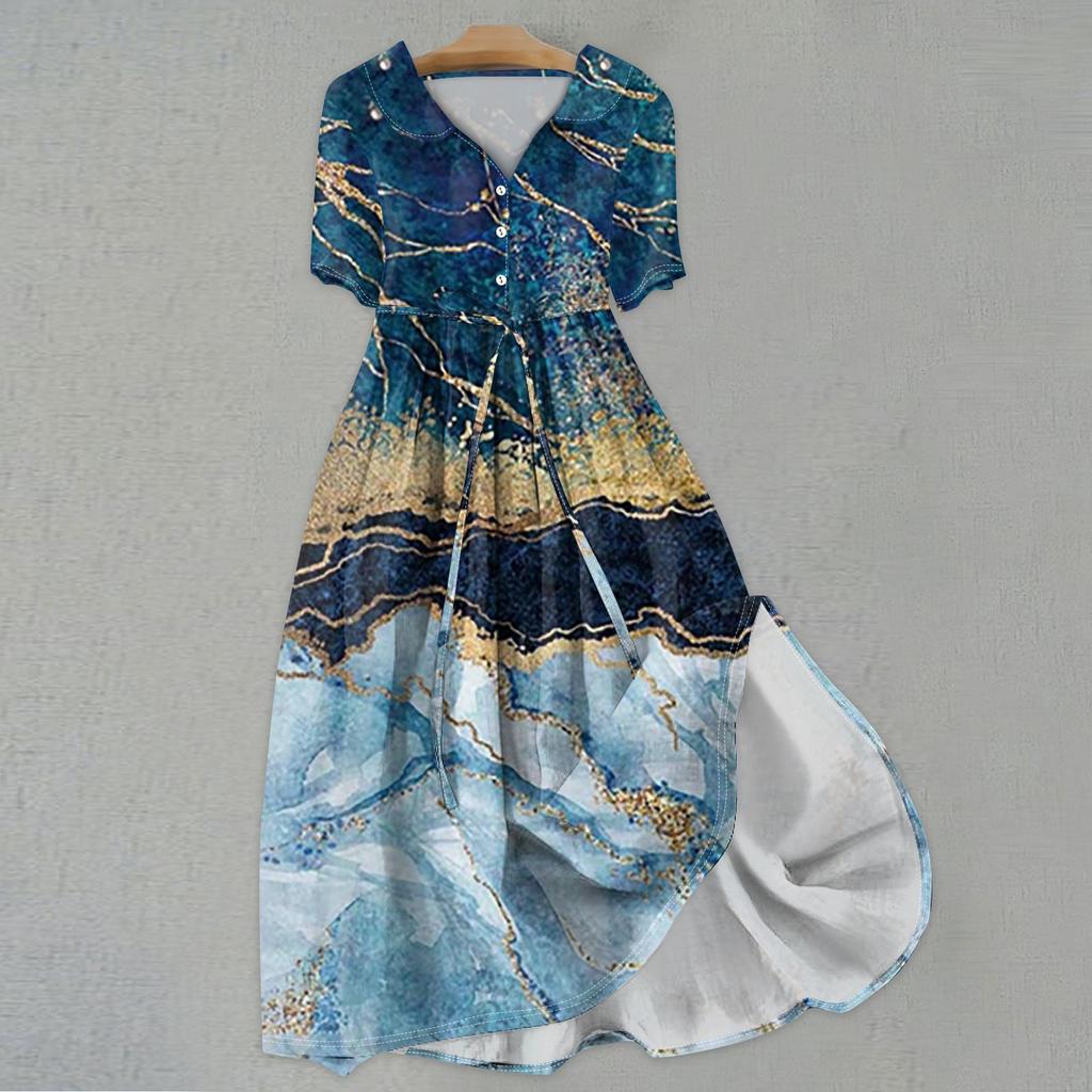 Женская мода повседневное платье с воротником с лацканами и короткими рукавами с принтом и ремнями