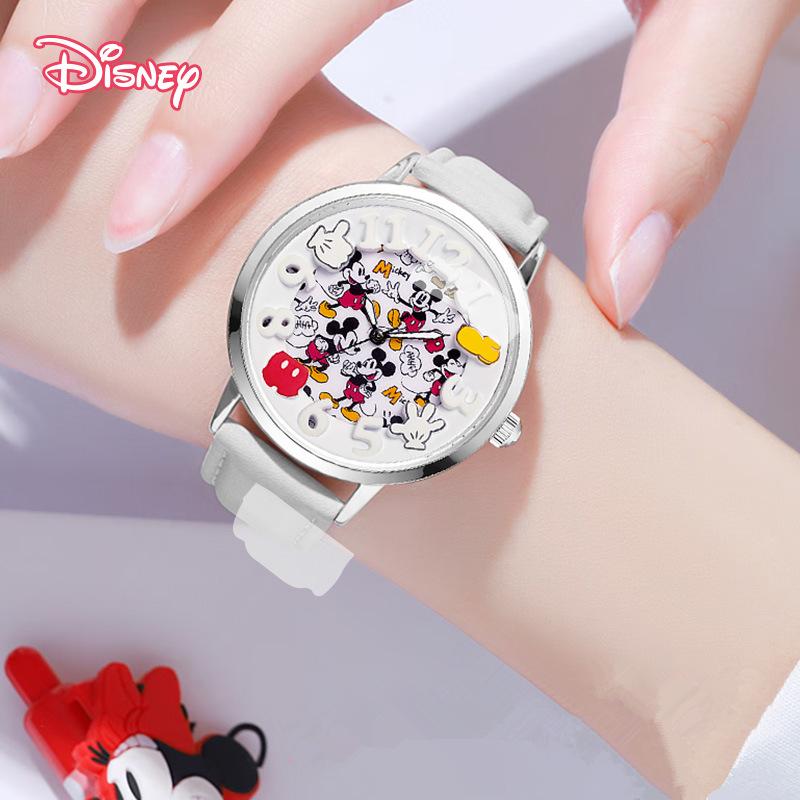 Disney Модные детские часы с мультяшным Микки Маусом, кварцевые наручные часы из ПУ кожи, подарок для мальчиков и девочек