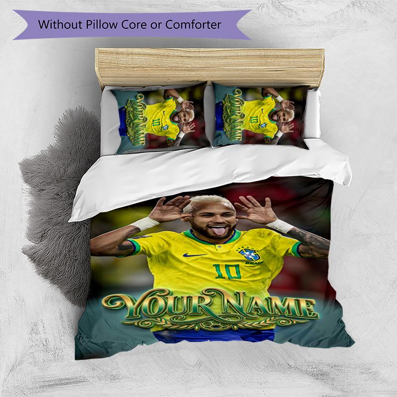 3pcs Brazilian football player Cover Set - Personalized Name, HD Printed Bedding with 1 Cover and 2 Pillowcases - Perfect for Home Decor, Easy Care