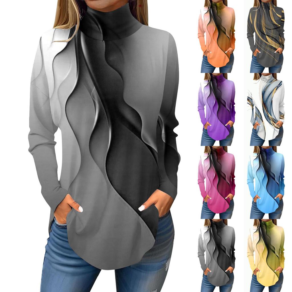 Женская модная повседневная футболка с длинным рукавом с высоким воротом и принтом, пуловер, топ