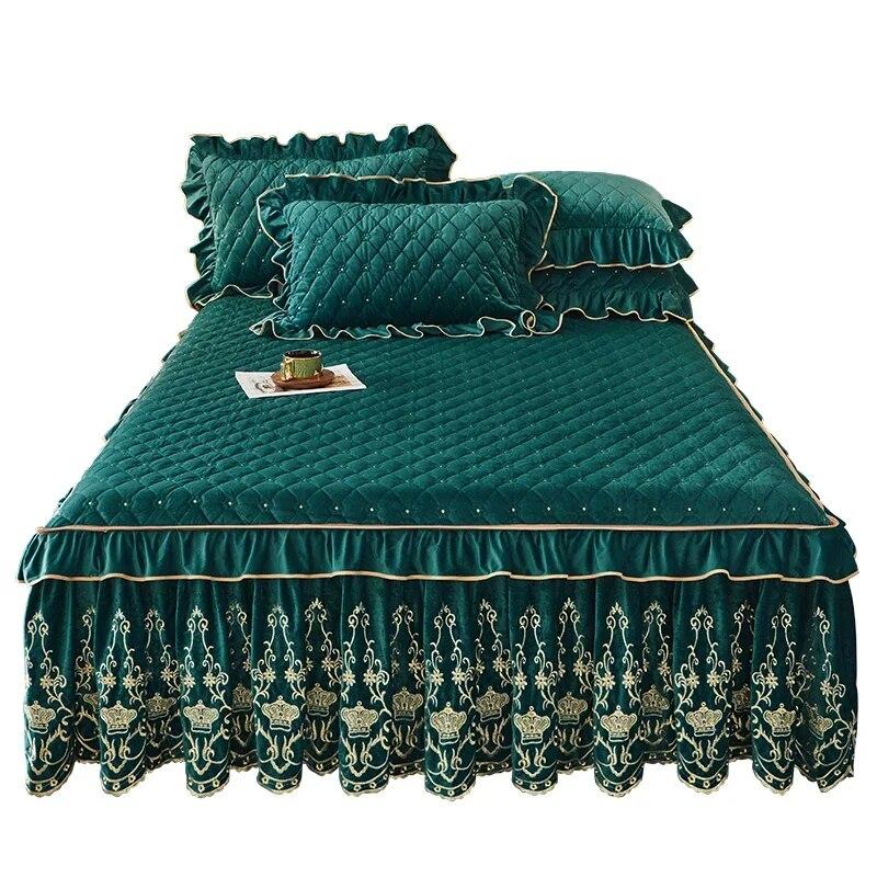 Европейский бархатный покрывало для кровати, комплект королевского размера, роскошная юбка с вышивкой, мягкая с 2 наволочками, дропшиппинг