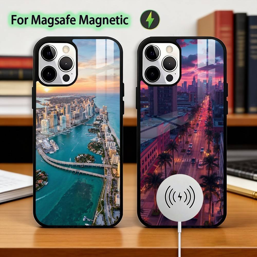 Летняя Арт M-Майами Флорида Чехол для Телефона Для iPhone17,16,15,14,13,12,11 Plus,Pro Магнитный с Magsafe Беспроводная Зарядка