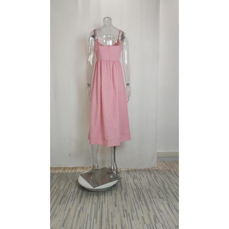 Women's Summer Solid Color Sexy U Neck Waisted Pleated Halter Swing Dresses