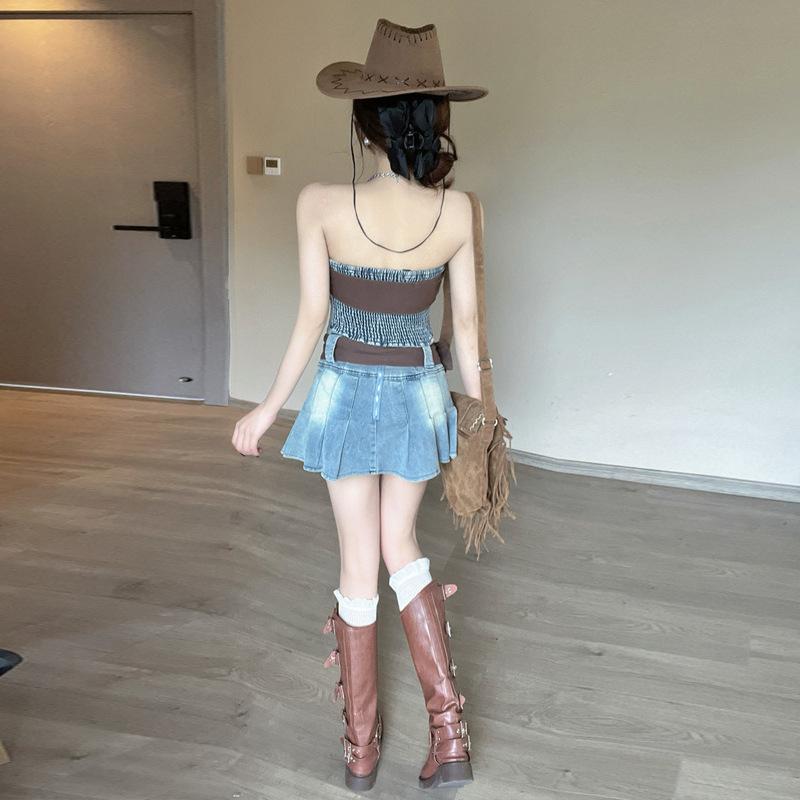 Women's Vintage Spice Girl Belt Top High Waist Skirt Set