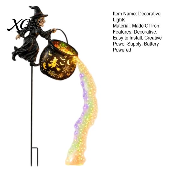 Garden Ornaments for Outside Decor Halloween Witch Stake Light Outdoor Decoration, 33.5 Inch Waterfall-Style Iron Stakes Lawn Cauldron