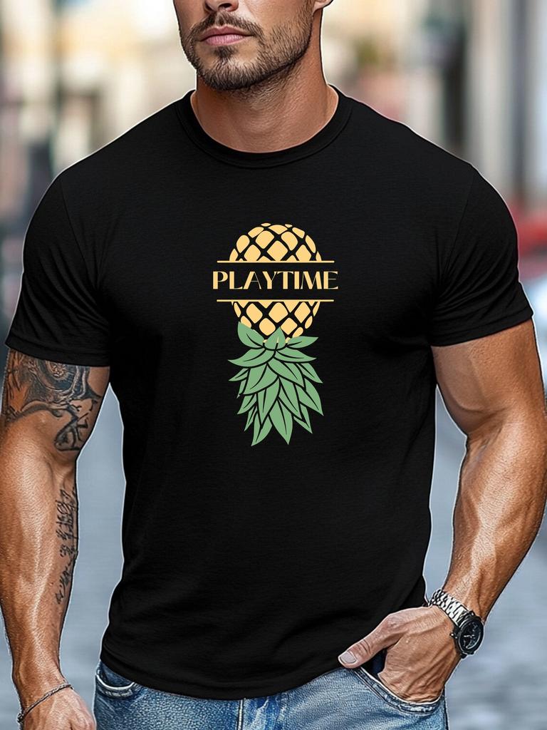 Plus-Size Men'S T-Shirt, Easygoing And Casual, Easy And Clean, Featuring a Pineapple Design for Summer Leisure with a Round Neck And Short Length, Plu