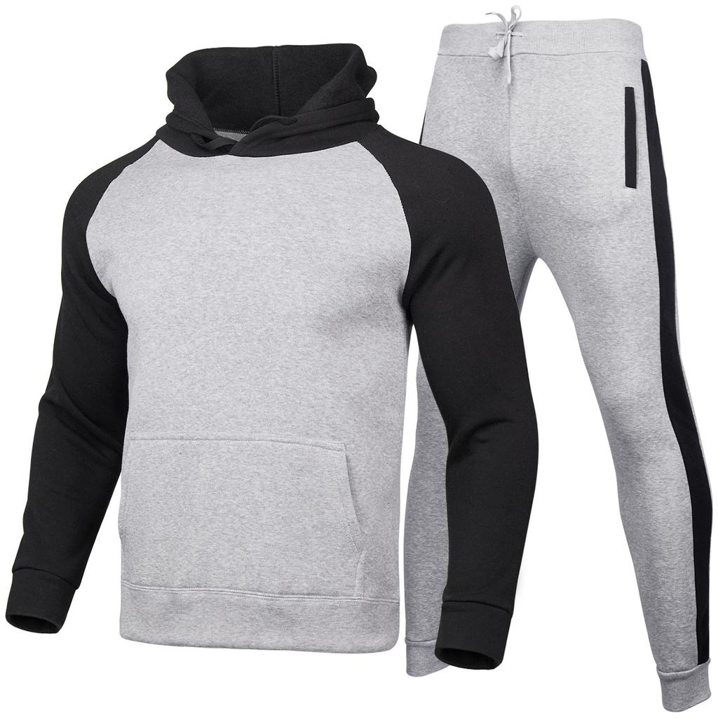 Men's Casual Hooded Two-tone Sweatshirt, Men's Fleece Warm Sports Sweatshirt And Pants Set