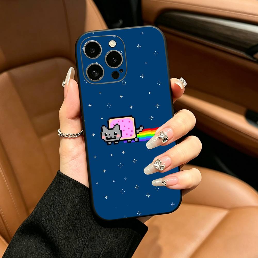 Милый Чехол-Кот N-Nyan -C- Для iPhone 12 13 14 15 16 17 Pro Max, Легкий и практичный Мягкий Черный Чехол