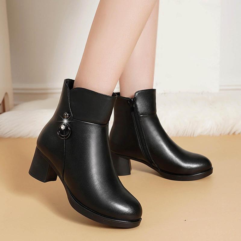 Fashion Autumn and Winter Women Ankle Boots Chunky Heel Middle Heel Solid Color Black Side Zipper Leather Boots for Women Lace