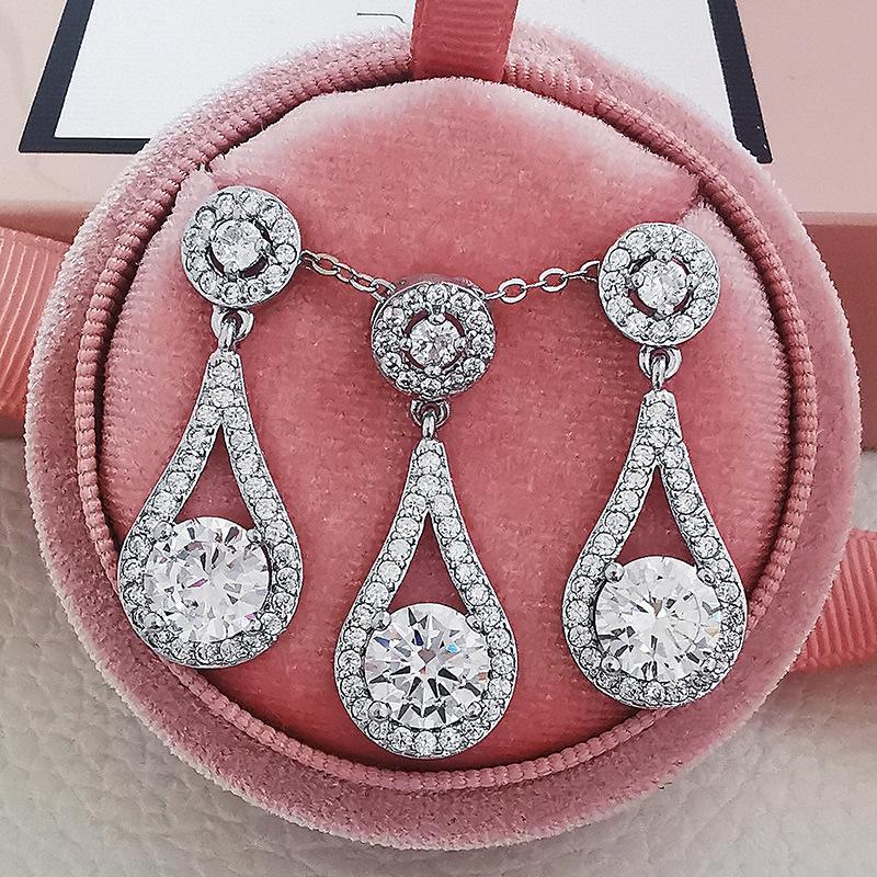 2pcs Pack Trendy Water Drop Crystal Silver Color Bride Jewelry Set for Wedding Drop Earring Necklace Pendant Women Gifts