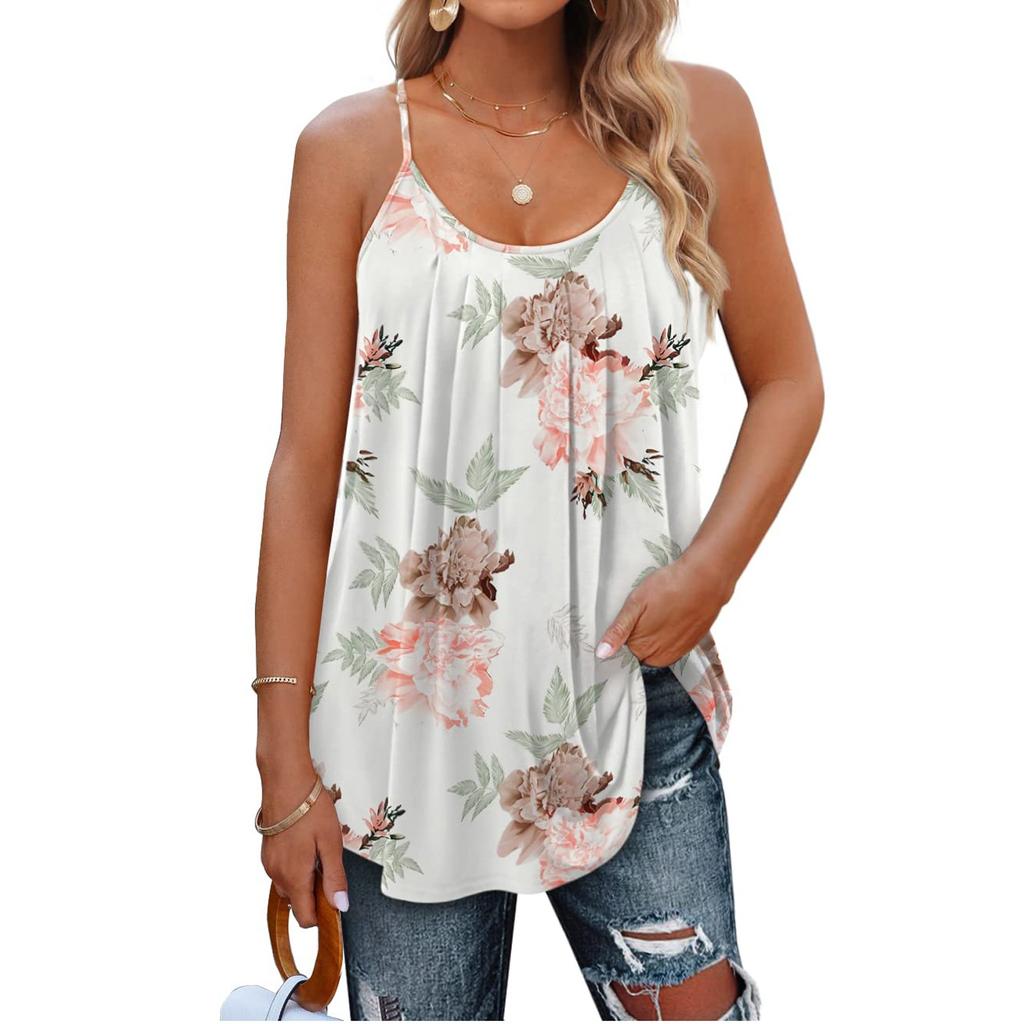 Women Casual Loose Shirts Spaghetti Strap Sleeveless Print Cute Tops Camisole Tee Tank