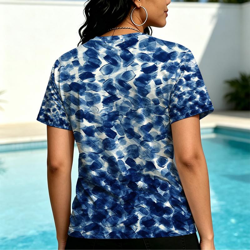 Summer Casual T-Shirt, Light Western Vibe, Blue White Tie-Dye, Soft Cotton Short Sleeve, Breathable Top Ideal for Daily Commute & Loungewear