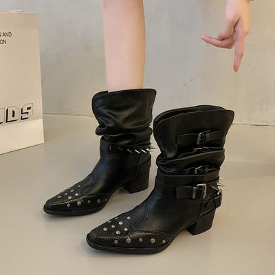 Mango Home Женские ботинки Мартин Осень 2025 Британский стиль Квадратный носок Толстый каблук Клепки Короткие ботинки Ботинки в стиле вестерн