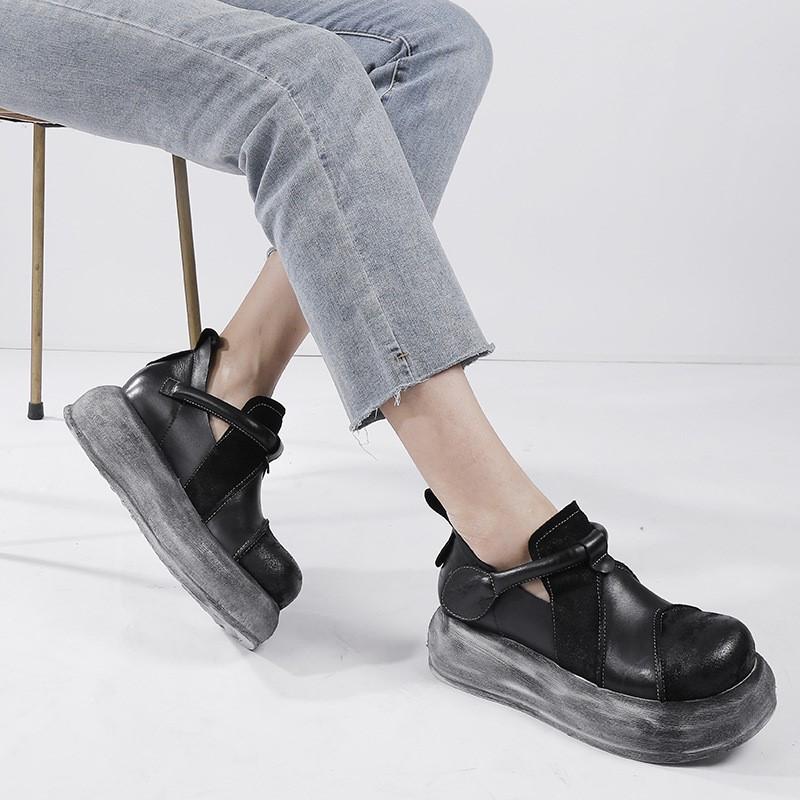 Johnature Genuine Leather Women's Flat Platform Shoes Versatile Vintage Round Toe Thick Soled Shoes