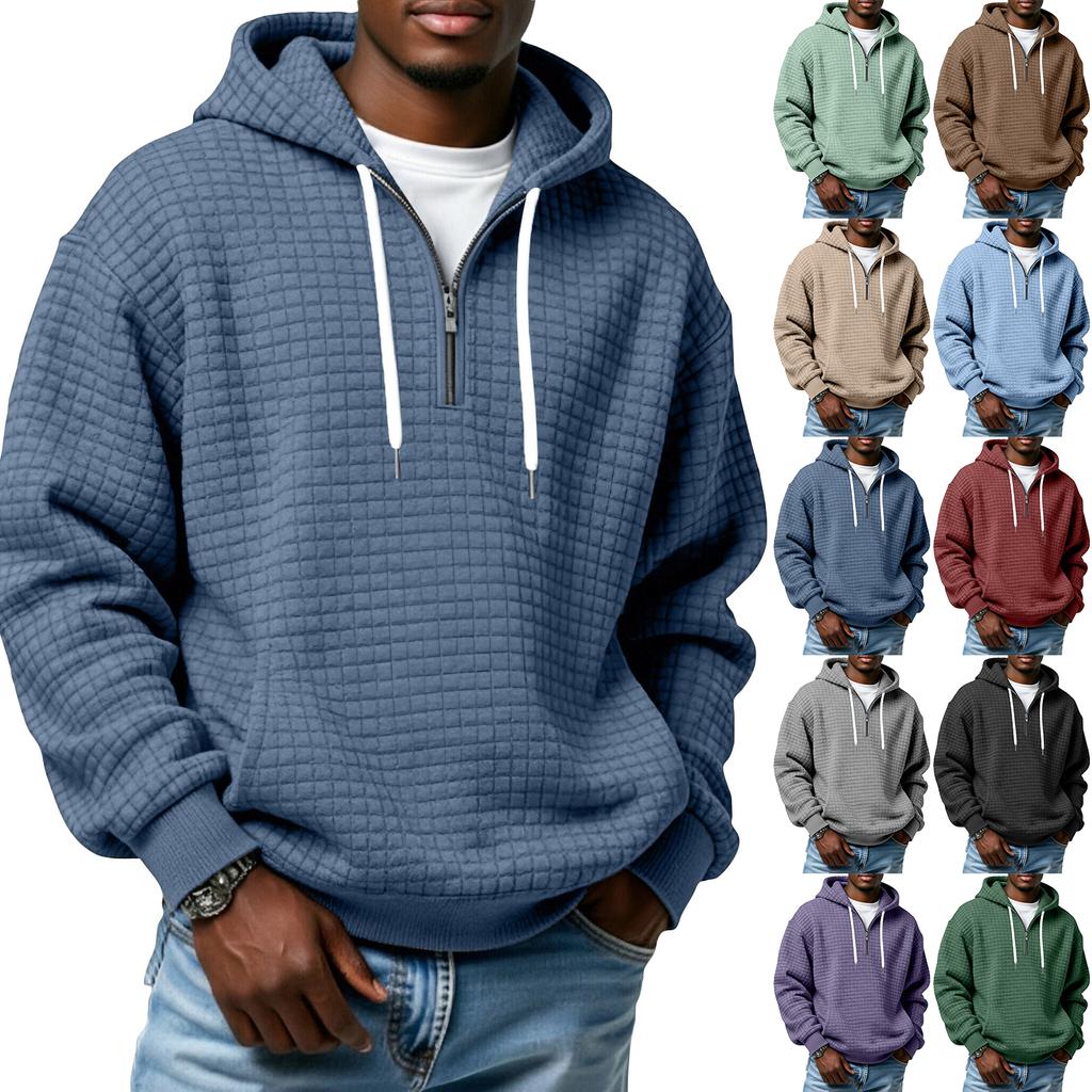 Мужской худи-пуловер в клетку с капюшоном на молнии до середины, со шнурком, повседневная спортивная толстовка