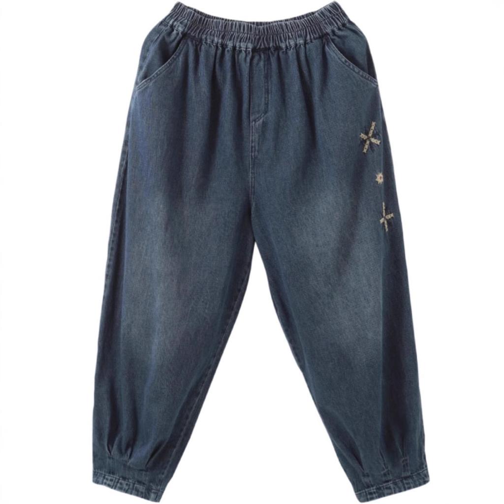 Женские весенне-летние свободные брюки-фонари из выцветшего денима с манжетами, больших размеров, с эластичной талией, повседневные