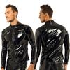 Men Shiny Metallic Long Sleeve Front-Zip Stand Collar Tops Wet Look Patent Leather Nightclub Style T-shirt Top Coat