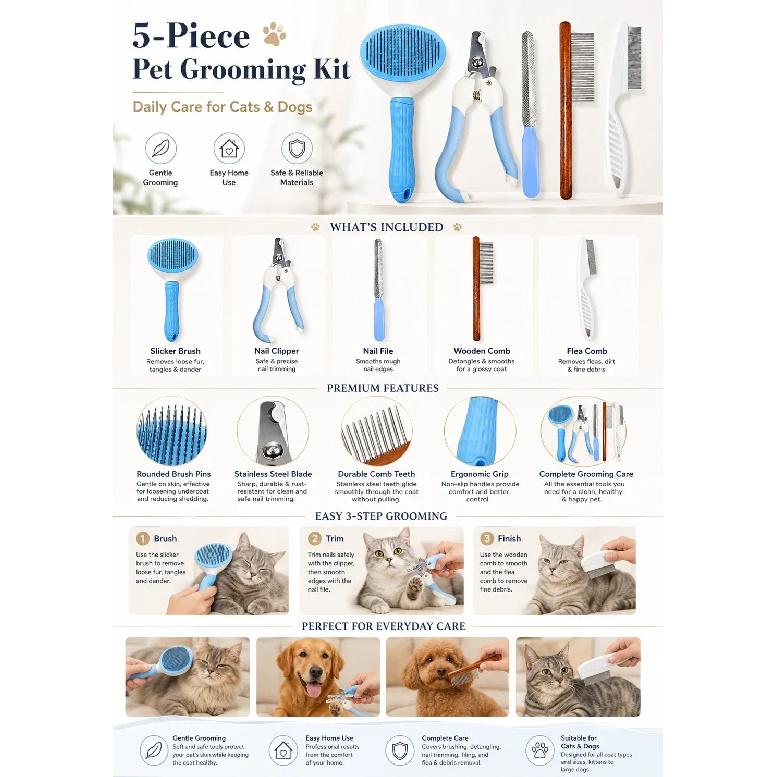 Popular 5-Piece Pet Grooming Kit, Nail Clipper Comb Flea Comb, Hair Cleaning Tool for Dogs Cats