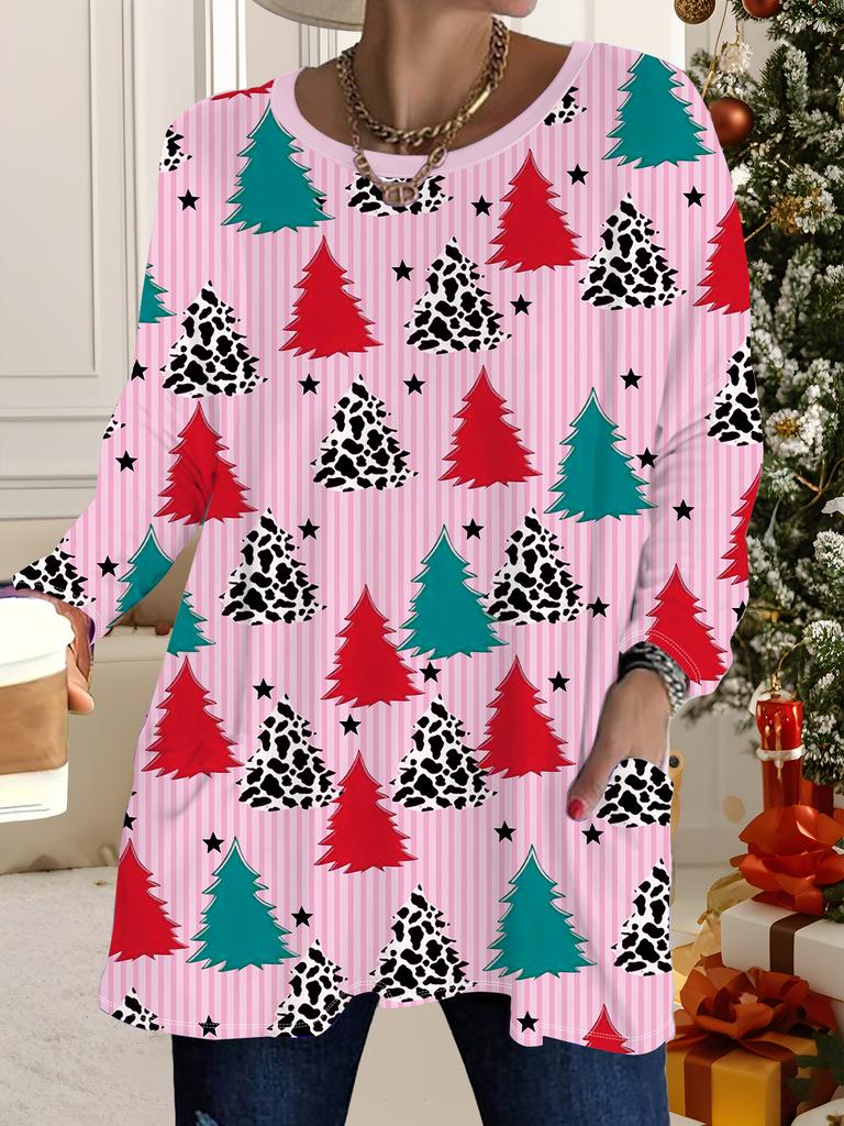 2025 Autumn Winter New Plus Size Women's Tops, Christmas 3D Print Fashion Crew Neck Long Sleeve T-Shirts