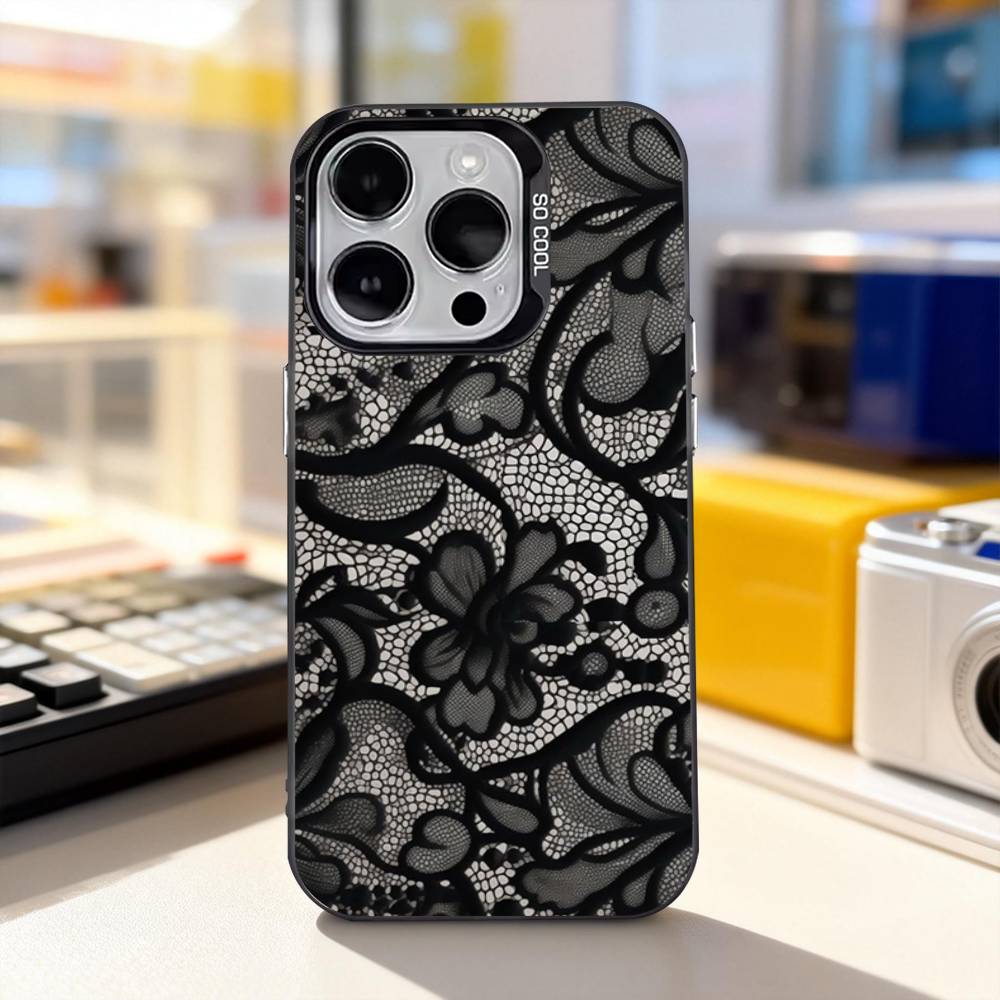 Чехол для телефона с принтом кружева для iPhone 17,16,15,14,13,12,11, Pro, XS, Max, Plus, Mini, SE4, E Черный матовый ударопрочный чехол