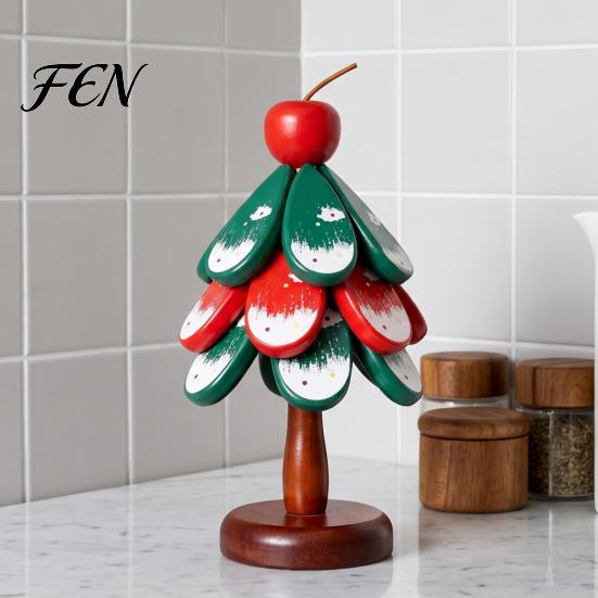 Decorative Holiday Tray Christmas Tree Wooden Trivets, Durable Pine Wood Potholders with Storage Stand, Foldable Pot Holder Heat Resistant Countertop