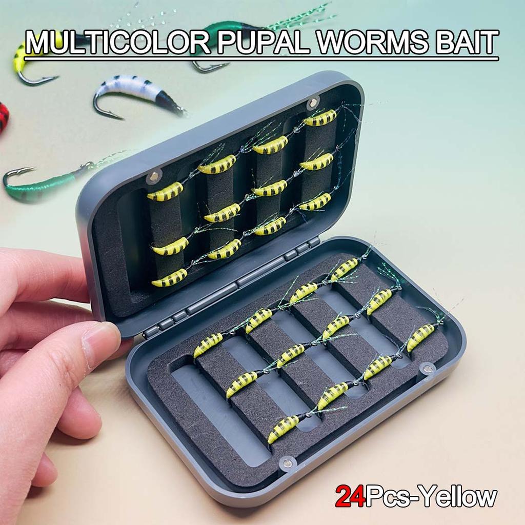 24Pcs-Set Fly Fishing Flies Nymph Lures Dry Flies Pupal Worms Multicolor Bait-Size #6 For Trout/Perch/Carp