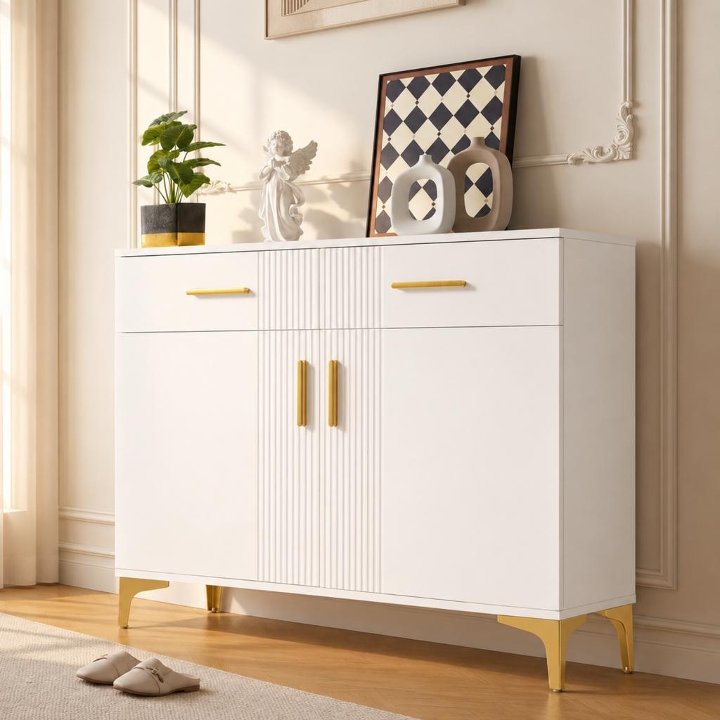 Modern sideboard cabinet with 2 doors and 2 drawers – storage cabinet with metal handles and metal feet for living room, hallway or dining room.