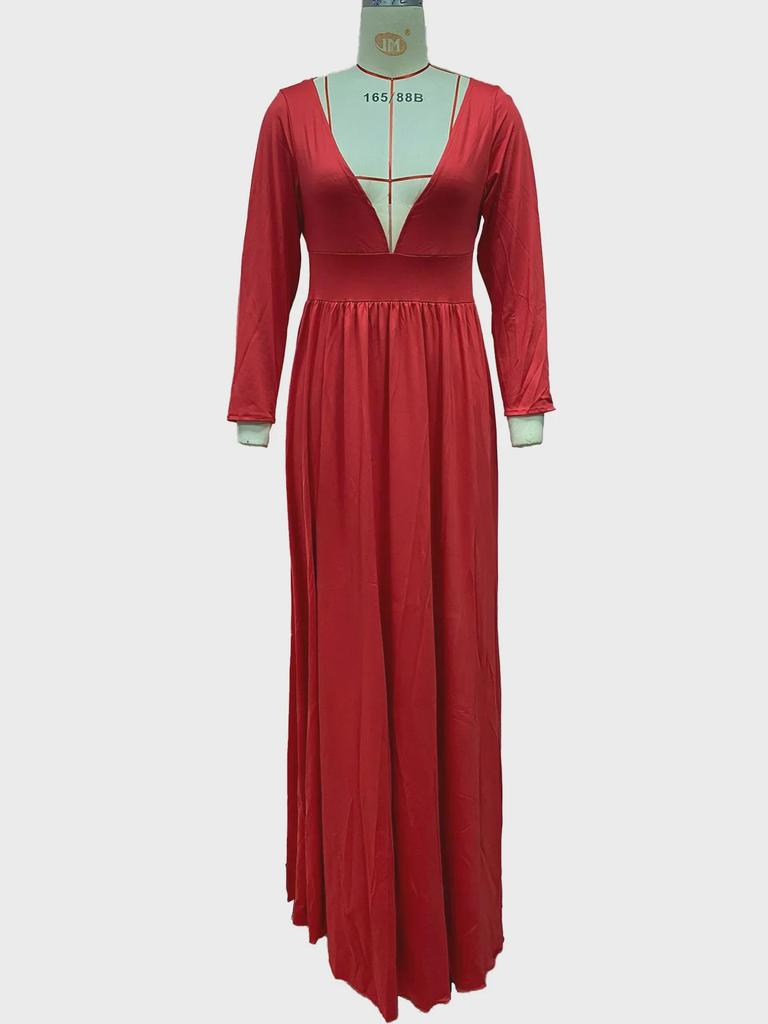 2025 Сексуальное платье из молочного шелка с глубоким V-образным вырезом и длинными рукавами