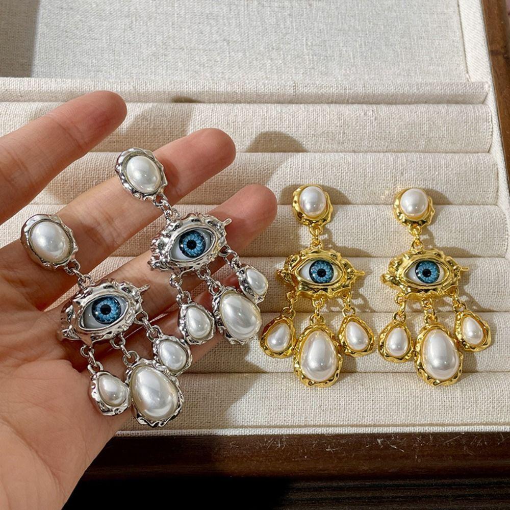 Long Tassel Pearl Drop Earrings Vintage Exaggerate Earring Retro Devil Eye Earrings Party